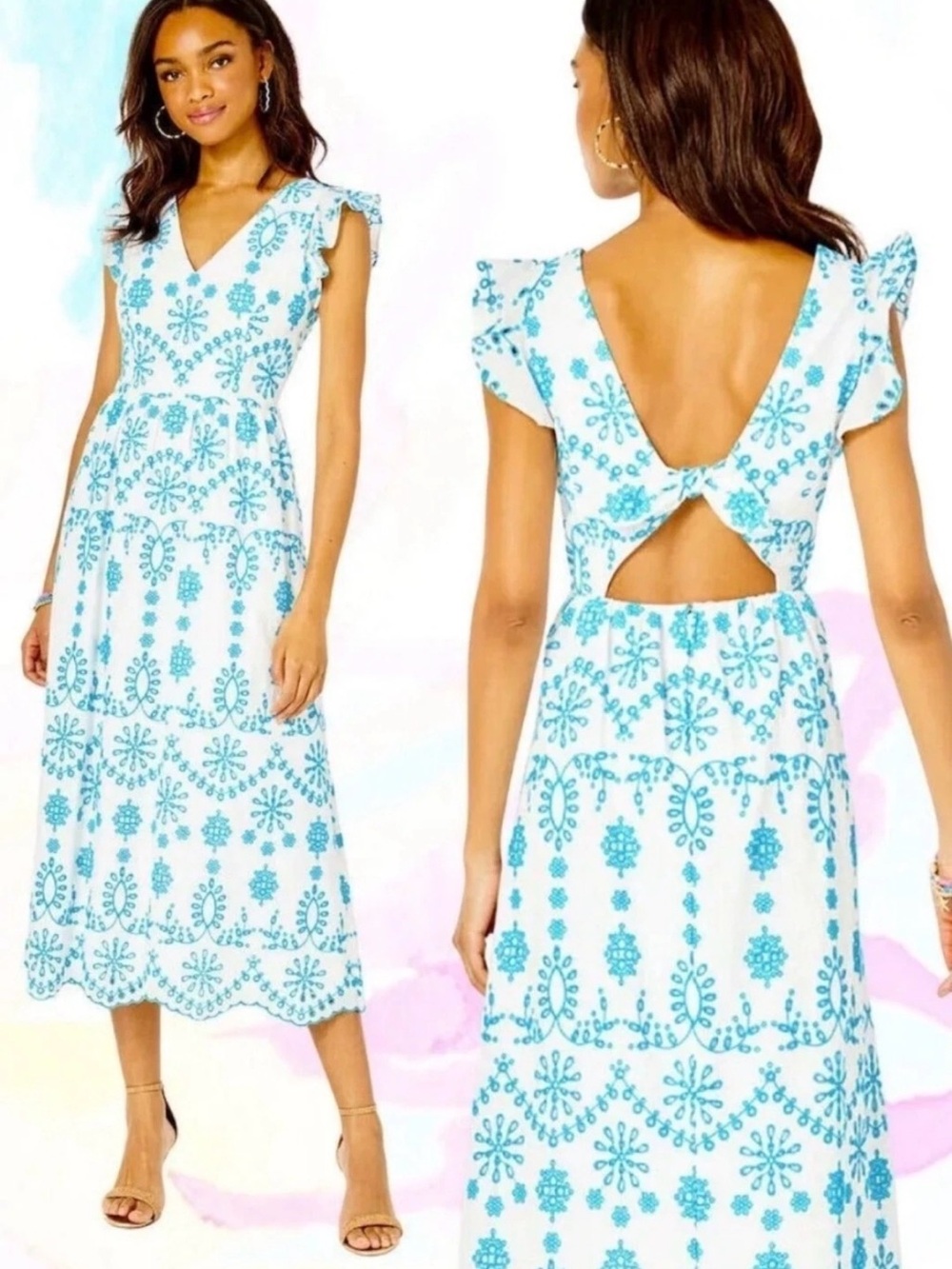 Lilly Pulitzer White Midi Dress with Turquoise Embroidery and Open Back Knot